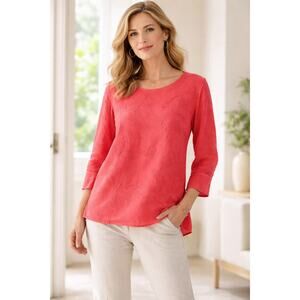 Chicos Womens Top Size 2 Large Coral Embroidered Rayon Cotton Blouse